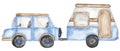 Cute hand painted vintage blue car with trailer clipart. Watercolor transport illustration. Graphic travel transportation clip