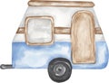 Cute hand painted vintage blue trailer clipart. Watercolor transport illustration. Graphic travel transportation clip art