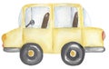 Cute hand painted vintage yellow car clipart. Watercolor transport illustration. Graphic travel transportation clip art