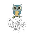 Cute hand vector drawn card with little owl and handdrawn lettering quote. Royalty Free Stock Photo