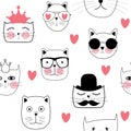 Cute Handdrawn Cat Seamless Pattern Vector Illustration