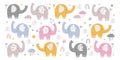 Cute handdrawn elephant childish animal doodle characters and decorative elements for greeting card