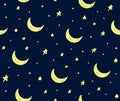 Cute handdrawn stars and moon vector pattern dark blue