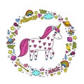 Cute handdrawn unicorn. Unicorn and magic stuff. Miracle and magic creature. Royalty Free Stock Photo