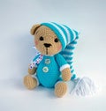 Cute handmade crochet bear doll isolated on white background with shadow reflection.