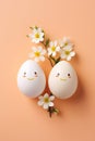 Cute handmade eggs with funny faces and spring flowers on light background. Happy Easter Royalty Free Stock Photo