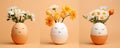 Cute handmade eggs with funny faces and spring flowers on light background. Happy Easter Royalty Free Stock Photo