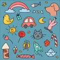 Cute handmade icons for children and preschool children. Icon of car, cat, dog, candy, tower, rainbow, moon, sun, tower, plane, ro