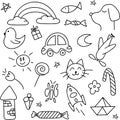 Cute handmade icons for kids and preschoolers. Icon car, cat, dog, candy, tower, rainbow, moon, sun, tower, plane, rocket. Vector Royalty Free Stock Photo