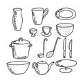 Cute handmade kitchen ware collection. Flat vector illustration. Decorative tableware isolated on white background Royalty Free Stock Photo