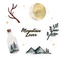 Cute handpainted watercolor vector set of mountain and nature themed illustrations