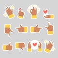 Cute hands gestures. Funny collection of stickers with hands and hearts. Hand drawn flat style