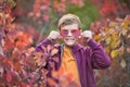 Cute handsome stylish boy enjoying colourful autumn park with his best friend red and white english bull dog.Delightfull Royalty Free Stock Photo