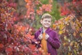 Cute handsome stylish boy enjoying colourful autumn park with his best friend red and white english bull dog.Delightfull Royalty Free Stock Photo