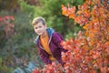 Cute handsome stylish boy enjoying colourful autumn park with his best friend red and white english bull dog.Delightfull