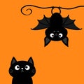 Cute hanging bat. Black cat kitten kitty looking up. Happy Halloween. Cartoon kawaii funny baby animal charater. Greeting card. Royalty Free Stock Photo