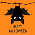Cute hanging bat. Happy Halloween. Cartoon kawaii funny baby animal charater. Greeting card. Flat design. Orange background. Royalty Free Stock Photo