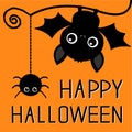 Cute hanging bat, spider on dash line web. Happy Halloween. Cartoon kawaii funnychildish baby animal charater set. Greeting card. Royalty Free Stock Photo