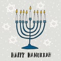 Cute Hanukkah greeting card, invitation with hand drawn menorah, Royalty Free Stock Photo