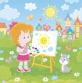 Little girl drawing the Sun and clouds