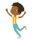 Cute happy African American boy jumping and dancing cheerfully on a white background. Laughing school boy, vector