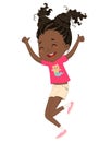 Cute happy African American girl jumping and dancing cheerfully on a white background. Laughing girl, vector background