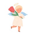 Cute happy angel in dress with nimbus and wings holding rose flower in hands. Little peaceful boy from heavens. Colored Royalty Free Stock Photo