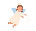 Cute happy angel with halo, wings and stars. Magic little girl with nimbus flying. Sweet divine child in dress in