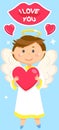 Little boy angel on valentine postcard. Greeting card in romantic style with text I love you on lips