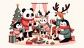 Cute happy animals friends exchanging gifts on a Christmas day in cozy decorated room