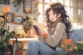 cute happy anime girl smiling and looking at the phone in the room Royalty Free Stock Photo