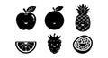 Cute happy apple orange pineapple raspberry and passion fruit black silhouette vector set with leaves and smiling faces Royalty Free Stock Photo