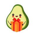 Cute happy avocado character with gift box