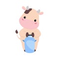 Cute happy baby cow with bucket of milk. Adorable farm animal character cartoon vector illustration Royalty Free Stock Photo