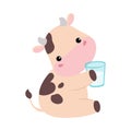 Cute happy baby cow with glass of milk. Adorable farm animal character cartoon vector illustration Royalty Free Stock Photo
