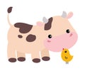Cute happy baby cow and lovely chicken. Adorable farm animal character cartoon vector illustration Royalty Free Stock Photo
