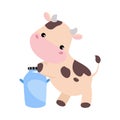 Cute happy baby cow with milk can barrel. Adorable farm animal character cartoon vector illustration Royalty Free Stock Photo