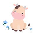 Cute happy baby cow sitting in flowers. Adorable farm animal character cartoon vector illustration Royalty Free Stock Photo