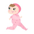 Cute happy baby with kinky hair in pink pajama running and laughing. Vector illustration in flat cartoon style.