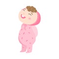 Cute happy baby with kinky hair in pink pajama standing and laughing. Vector illustration in flat cartoon style.