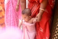 Cute happy baby in pink bath towel close up Royalty Free Stock Photo