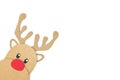 Cute and happy baby reindeer cardboard cutout with red nose peeking on a white background. Christmas is coming and hello december. Royalty Free Stock Photo