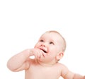Cute happy baby smiling looking above on white Royalty Free Stock Photo