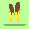 Cute happy banana stick dip on chocolate vector design