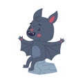 Cute happy bat sitting on stone. Halloween symbol. Funny mascot character cartoon vector illustration Royalty Free Stock Photo