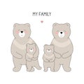 Cute happy bear family. Drawn mother bear, father and bear cubs on white.