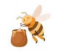 Cute happy bee with honey pot and dipper in paws. Sweet smiling honeybee with adorable face. Childish colored flat Royalty Free Stock Photo