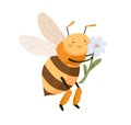 Cute happy bee pollinating and smelling fragrant flower. Adorable honeybee smiling and enjoying. Childish colored flat