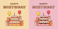 Cute happy birthday card with cake, balloons. and giftbox in brown and pink color background.