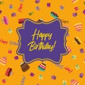 Cute Happy Birthday Background with Cake Icon and Candles. Design Element for Party Invitation, Congratulation. Vector Royalty Free Stock Photo